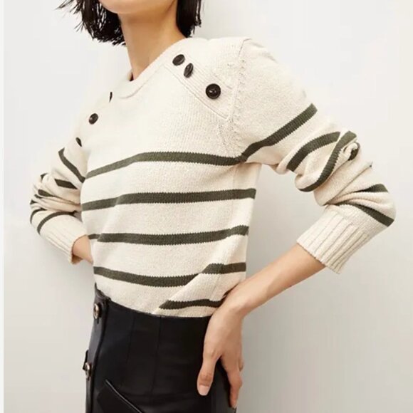 Veronica Beard Virke Button-embellished Striped Cotton Sweater Ecru/Lodon - Picture 1 of 7